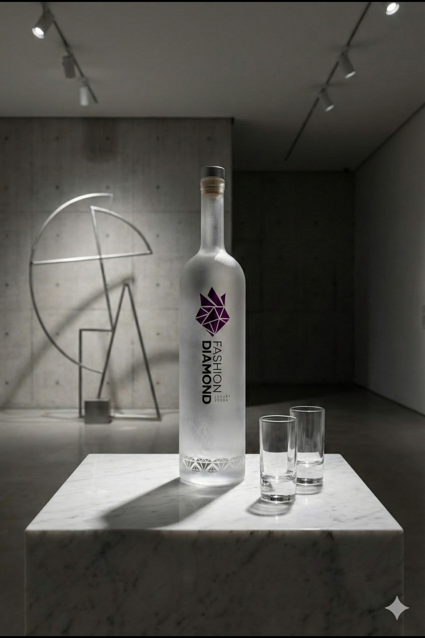 Fashion Diamond Luxury Vodka su piedistallo in ambiente minimal