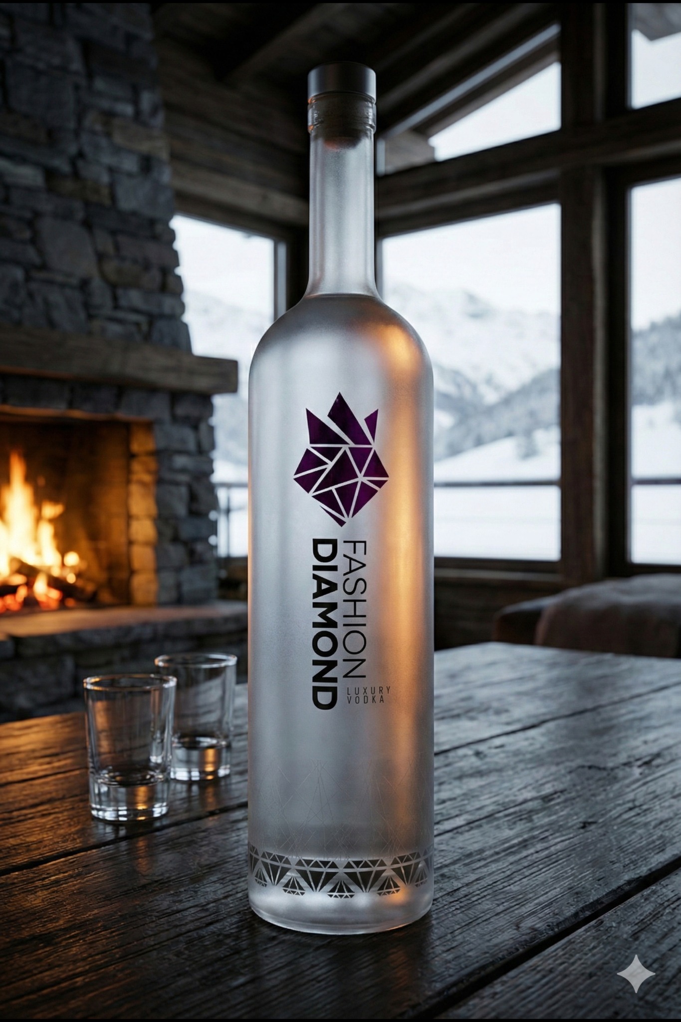 Fashion Diamond Luxury Vodka in chalet con camino
